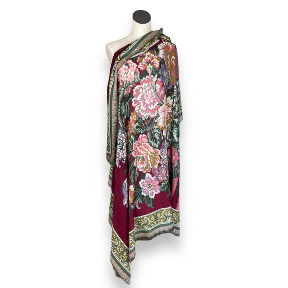 Large Scarf Pixelated‎ Floral Design Faux Fringe Flowers Bouquet Reddish Women - Picture 1 of 13